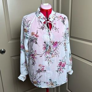 Fashion nova white with pink dainty flowers ruffle blouse